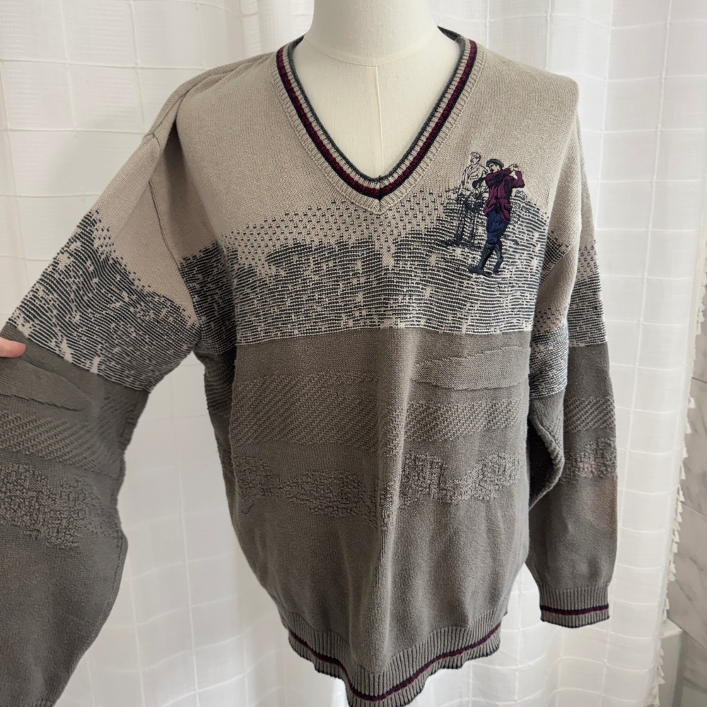 Vintage Carmel Golf Sweater Mens XL Grey V-Neck Embroidered Cotton Made in USA